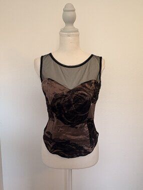 ✨ Dossier Black & Rose Floral Mesh Corset Top ✨ Size Small
